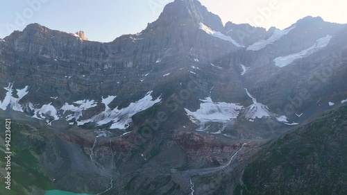 Rocky Mountains, Canada. Top cinematic aerial view. Chephren Lake, Jasper National Park, Alberta. 4K drone footage. Canadian wild nature and landscape from above