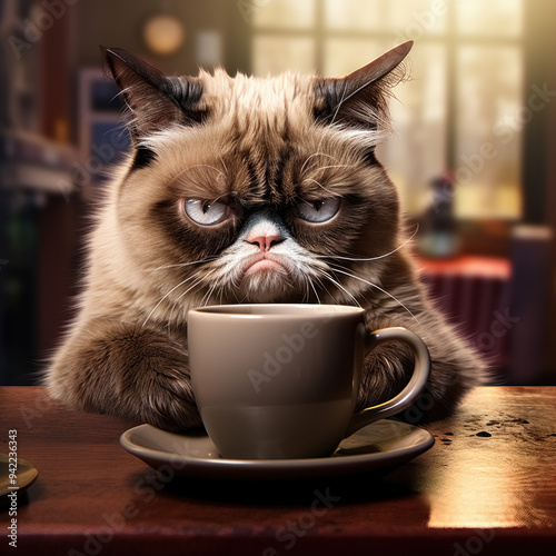 Cute grumpy, not waking up cat with beige cappuccino cup of coffee early in the morning at the cafe table
