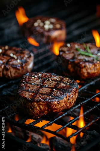Juicy steaks sizzling on a grill with fresh herbs and peppers at a summer bar...