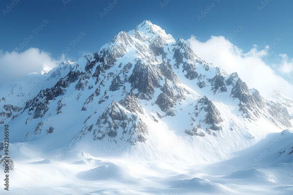 Obraz premium Majestic mountain peaks covered in snow, standing tall against a clear blue sky. Concept of Earth's diverse terrains.