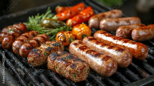Grilling flavorful sausages and meats over an open flame at a summer barbecue...