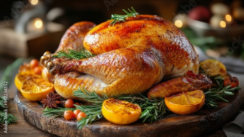 A beautifully roasted turkey garnished with herbs and fruits on a rustic wood...