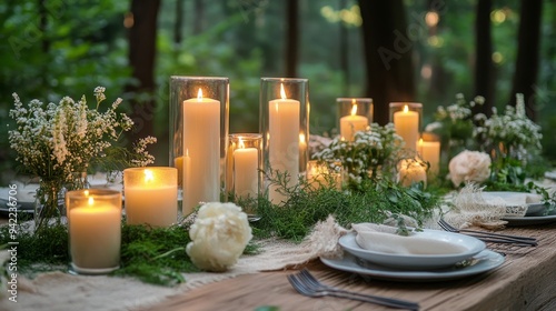 Elegant outdoor dining setup with candles and flowers in a forest during gold...