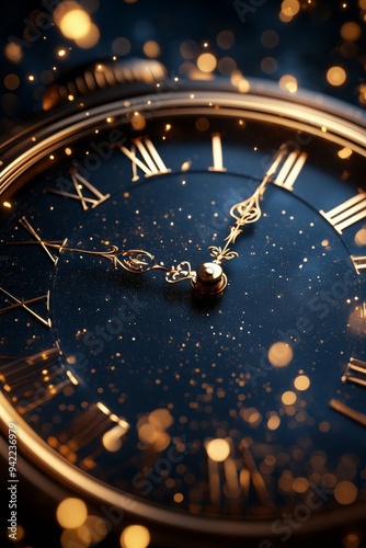 Vintage alarm clock surrounded by sparkling golden lights at night