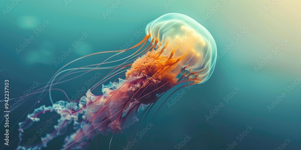 The graceful appearance of a Pacific Sea Nettle jellyfish showcasing its lengthy undulating tentacles drifting in the serene waters of the ocean The graceful appearance of a Pacific Sea Nettle jellyfish showcasing its lengthy undulating tentacles drifting in the serene waters of the ocean