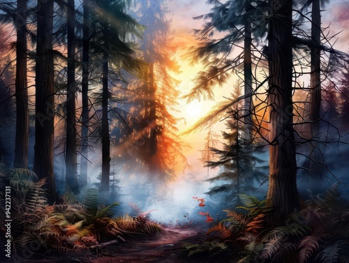 Primeval forest with towering trees, Fantasy, Ancient, Watercolor, Highlighting untouched wilderness