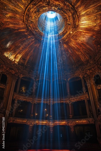 A silhouette of a person gazing up at the stunning stained glass dome in a hi...
