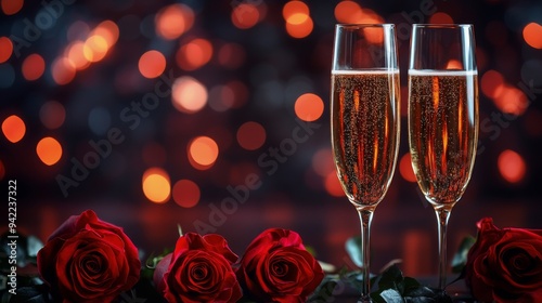 Celebratory toast with champagne flutes and red roses on a festive evening