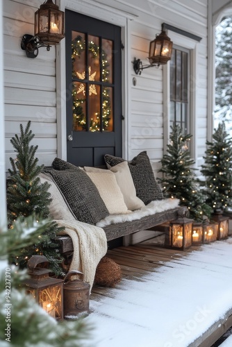 Cozy front porch decorated with lanterns and Christmas trees creating a festi...