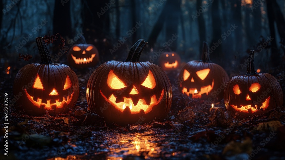 Autumn evening with carved jack-o'-lanterns illuminating a path surrounded by fallen leaves Autumn evening with carved jack-o'-lanterns illuminating a path surrounded by fallen leaves