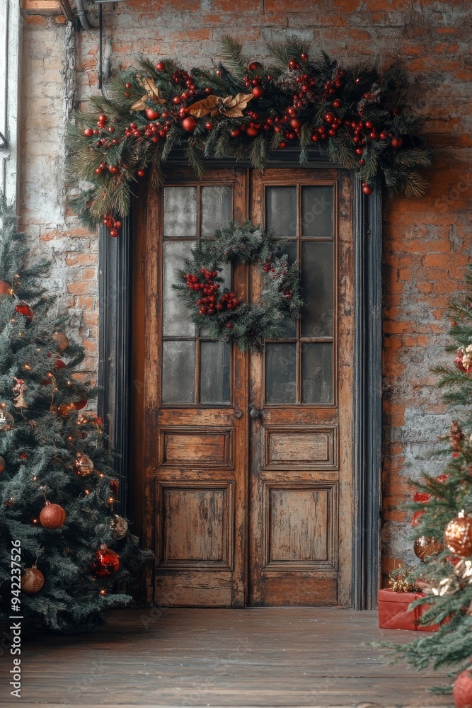 Festive entrance with a wooden door, Christmas tree, and decorations during winter season