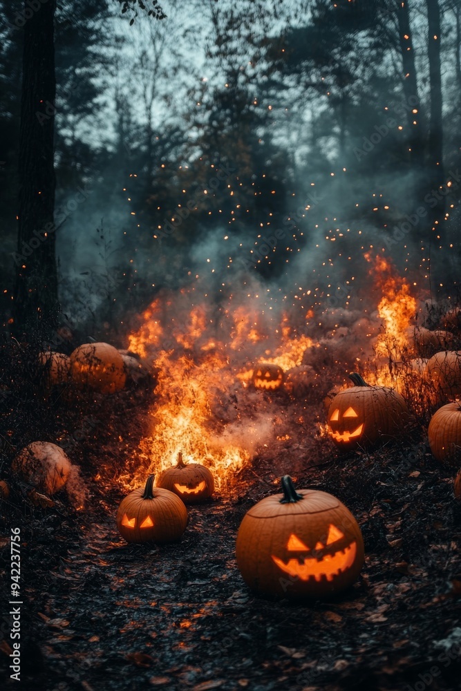 Naklejka premium Glowing jack-o'-lanterns with flames illuminating a dark forest path during Halloween night