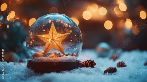 A snow globe featuring a golden star surrounded by snow and pine in a festive...
