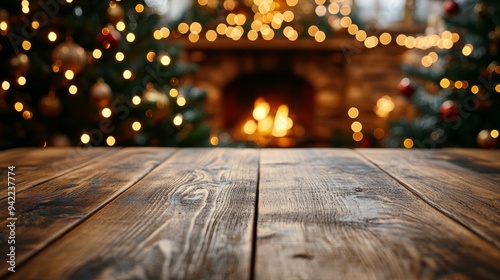 Cozy wooden table in front of a crackling fireplace with festive decorations ...
