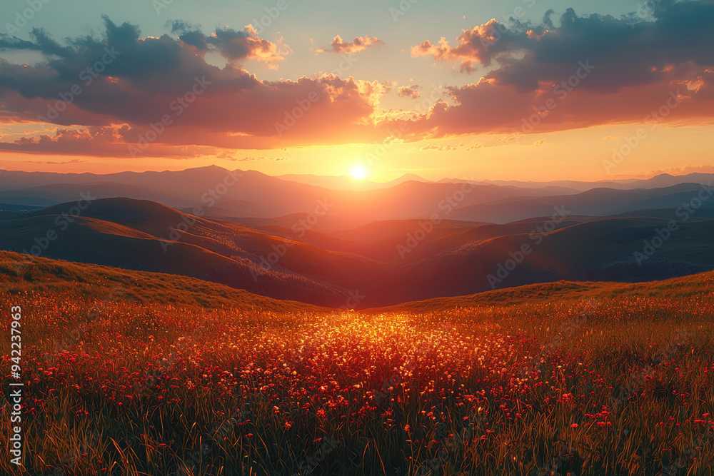 Fototapeta premium A sunset casting a warm glow over rolling hills and distant mountains. Concept of Earth's daily cycles and natural rhythms.