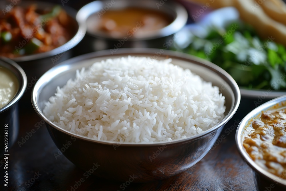 A bowl of white rice on the table, surrounded by other dishes with... A bowl of white rice on the table, surrounded by other dishes with...