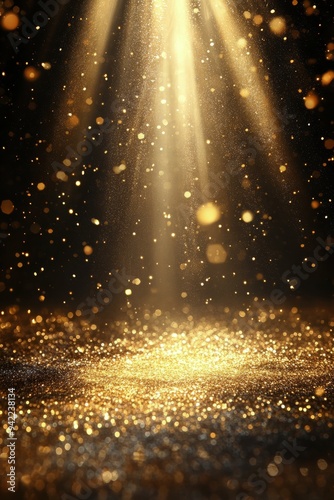 Radiant beams of light illuminating sparkling particles on a dark surface at ...