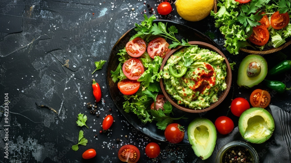 top view salad with guacamole top view salad with guacamole