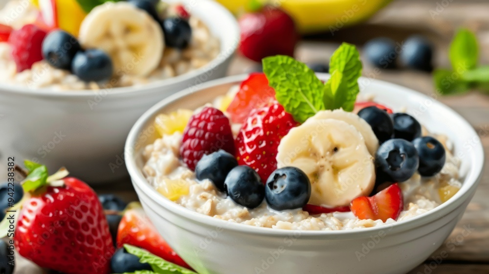 two bowls of oatmeal with fruits two bowls of oatmeal with fruits