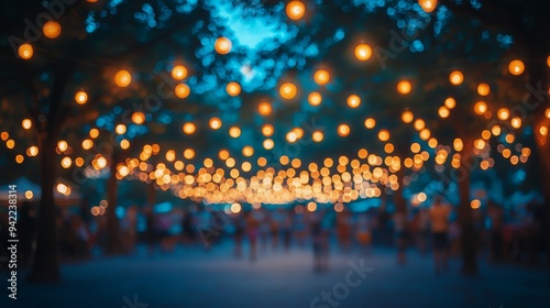 Festive evening market adorned with colorful lanterns in a lively city setting