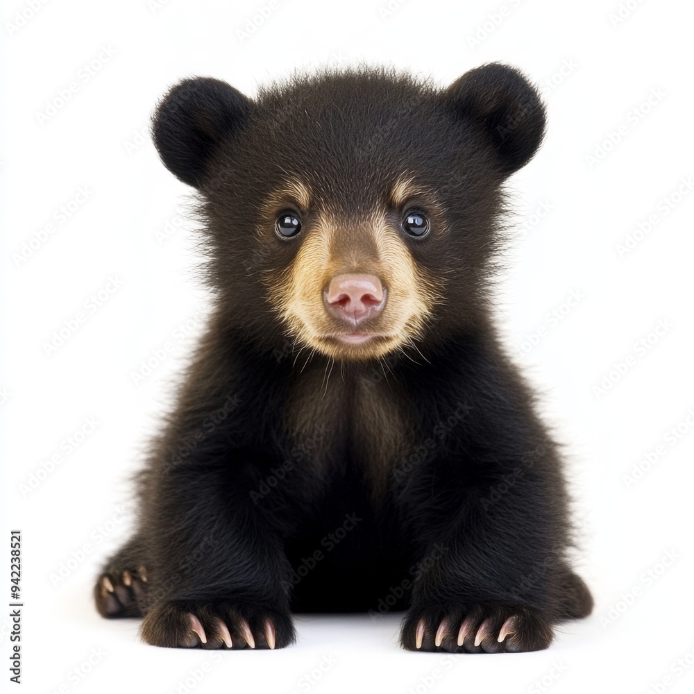 Obraz premium A cute black bear cub sits on a white background, looking directly at the camera with big, innocent eyes.