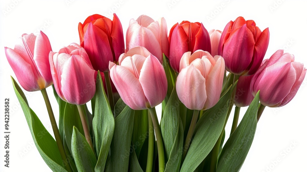 Beautiful bouquet of pink and yellow tulips arranged elegantly on a white surface Beautiful bouquet of pink and yellow tulips arranged elegantly on a white surface