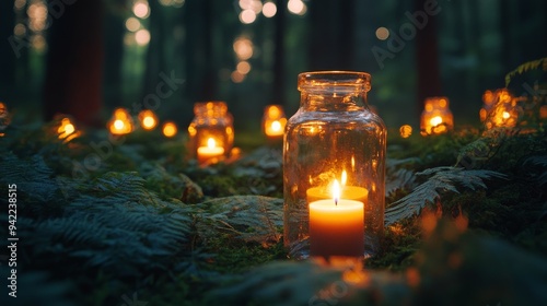 Elegant outdoor dining setup with candles and flowers in a forest during gold...