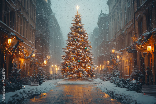 A snow-covered Christmas tree adorned with twinkling lights and ornaments, standing proudly in the town square. Concept of holiday traditions and festive decor.