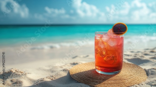 Refreshing cocktail by the beach on a sunny day with gentle waves and clear b...