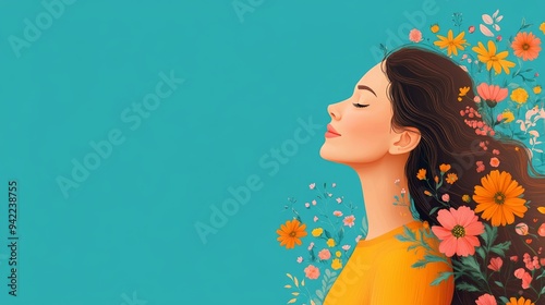 A woman with curly hair relaxing on a vibrant blue background with floral acc...