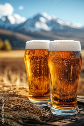 Refreshing glasses of beer nestled in golden wheat at sunset in a serene outd...