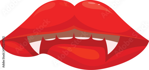 Red vampire lips showing fangs biting lip cartoon style illustration isolated on white
