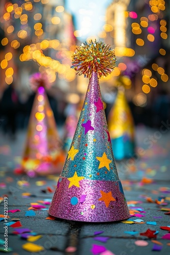 A colorful clown celebrates at a lively street festival filled with confetti ...