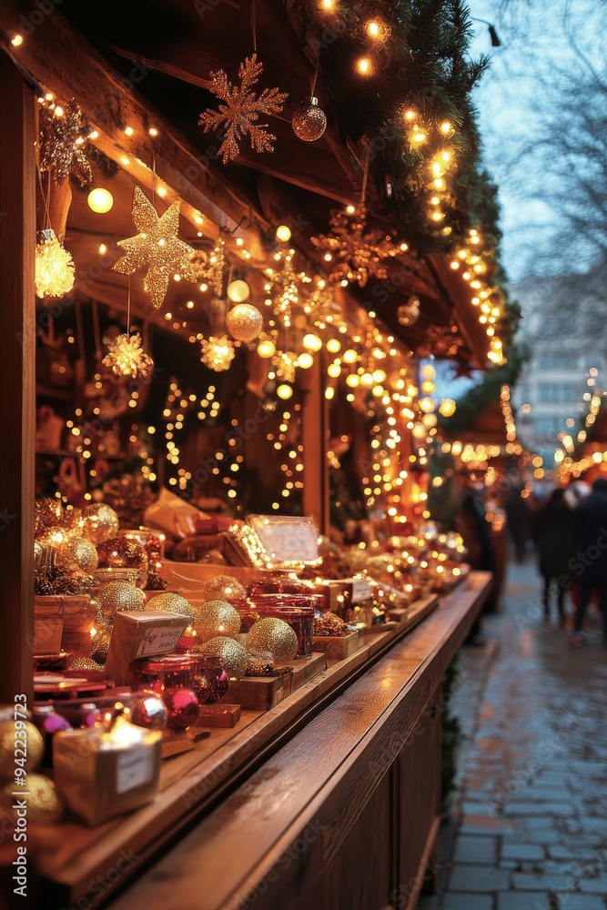 Charming holiday market illuminated by lights filled with festive decorations and gifts at dusk