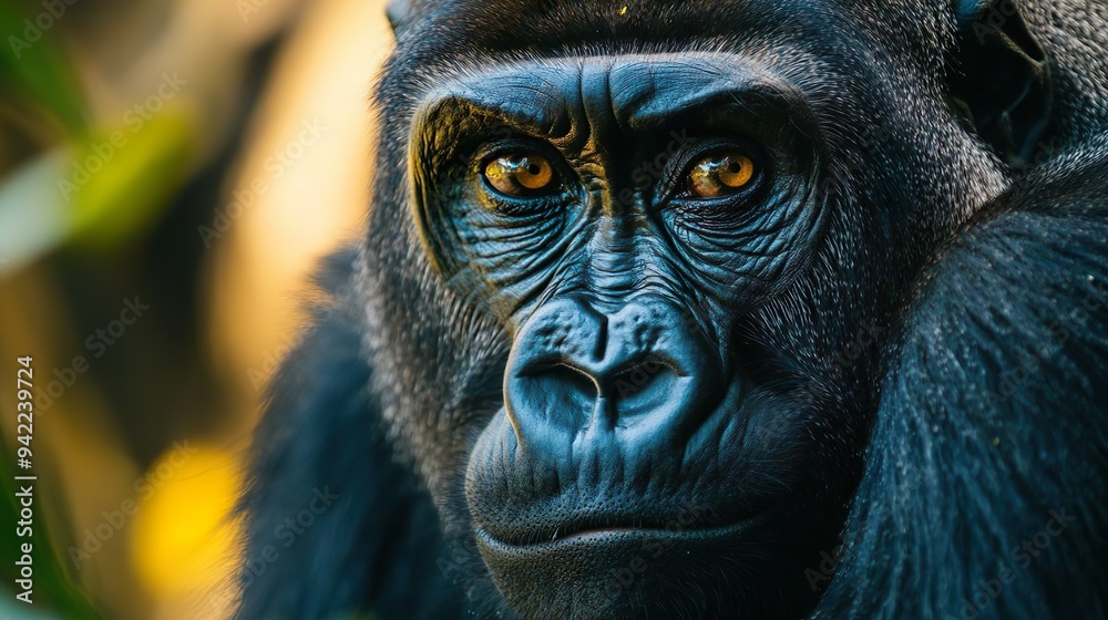 Obraz premium Detailed close-up of a gorilla's fierce look perfect for highlighting the emotional strength of wildlife