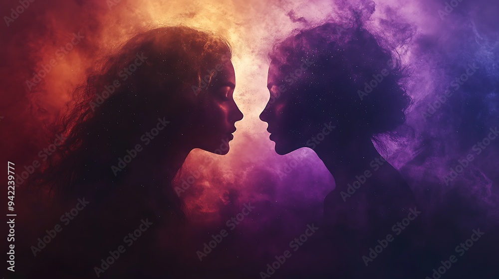 Two women's silhouettes facing each other, surrounded by red and purple smoke. Two women's silhouettes facing each other, surrounded by red and purple smoke.