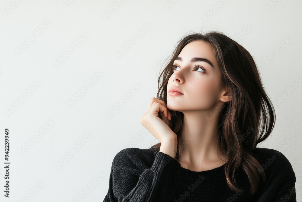 woman thinking with white space woman thinking with white space