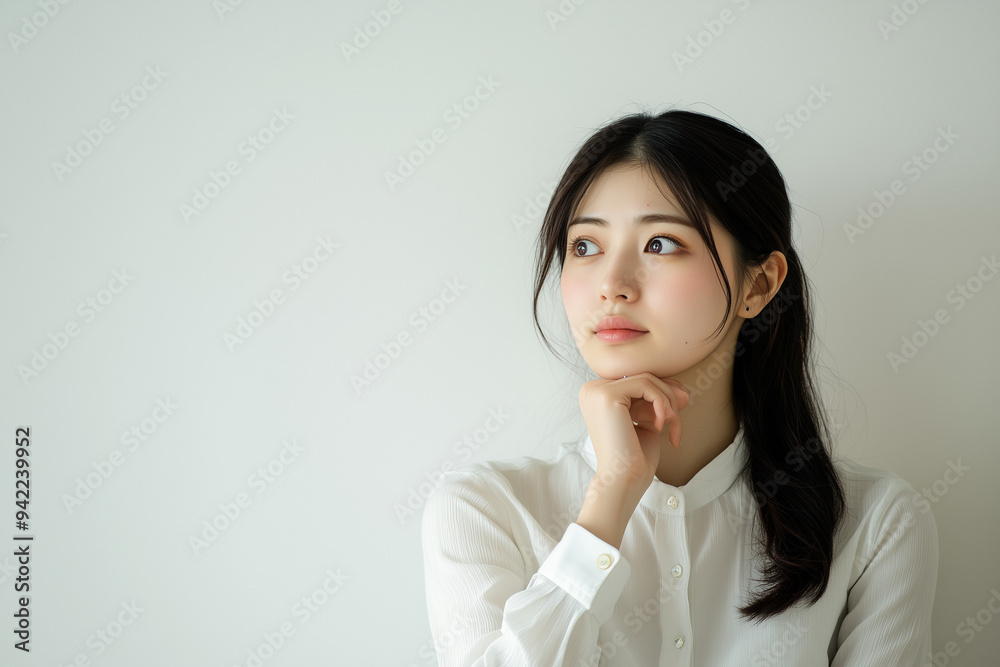 Japanese woman thinking with white space Japanese woman thinking with white space
