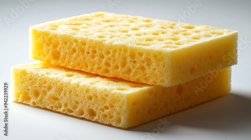 Two yellow cleaning sponges stacked on a white background. photo