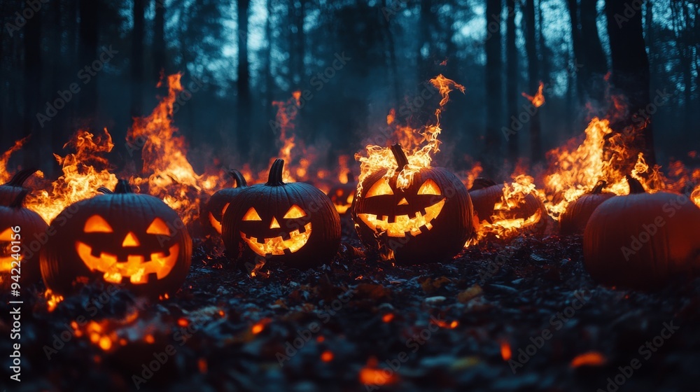 Fiery Halloween night with glowing pumpkins amidst a wild forest blaze Fiery Halloween night with glowing pumpkins amidst a wild forest blaze