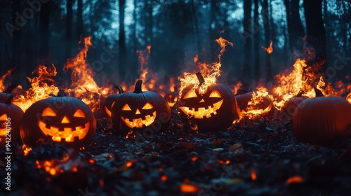 Fiery Halloween night with glowing pumpkins amidst a wild forest blaze
