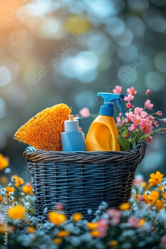 Spring cleaning essentials arranged in a woven basket with blossoms in a brig...