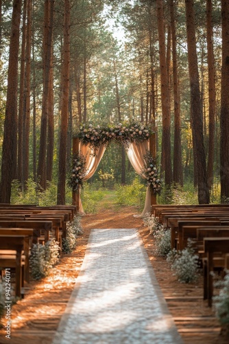 Beautiful outdoor wedding ceremony setup with floral arch and wooden walkway ...