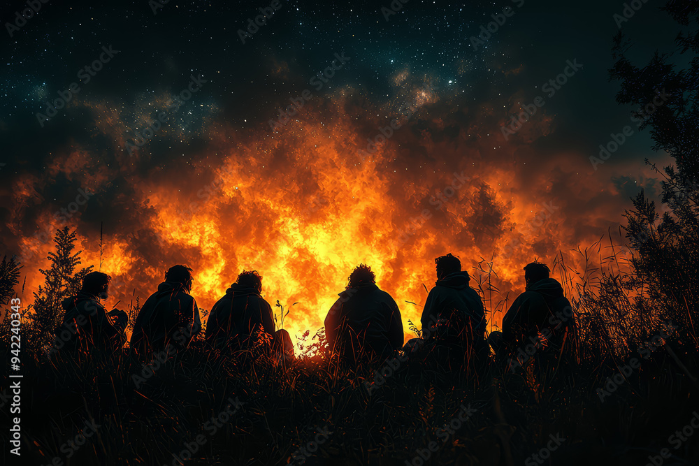 A group of friends gathered around a bonfire, sharing ghost stories under the night sky. Concept of Halloween traditions and community. A group of friends gathered around a bonfire, sharing ghost stories under the night sky. Concept of Halloween traditions and community.