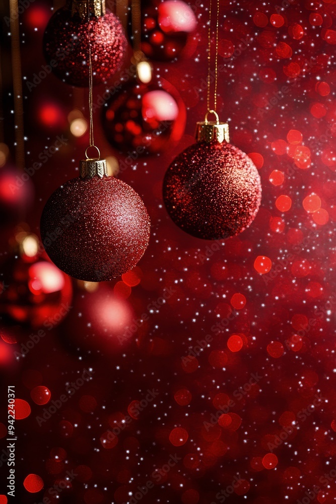 Festive holiday decorations with red ornaments and pinecones on a vibrant red background Festive holiday decorations with red ornaments and pinecones on a vibrant red background
