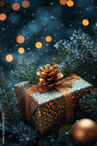 Beautifully wrapped Christmas gift adorned with a pinecone surrounded by fest...