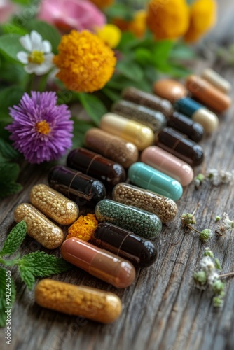 Variety of herbal supplements and vitamins arranged in wooden bowls on a rust...