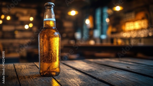 Glass bottle of chilled amber beer on a rustic wooden table in a dimly lit bar