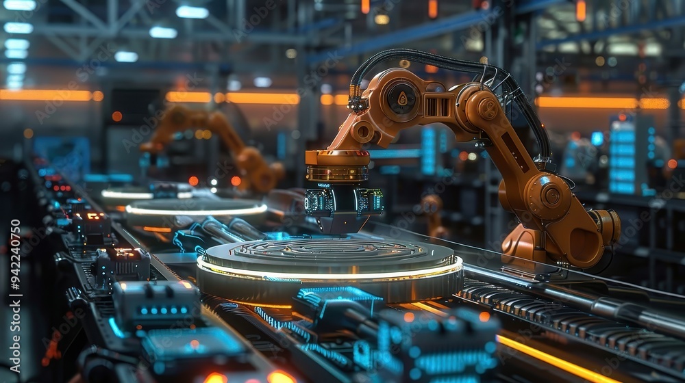 Robotic arms working on an advanced automated assembly line in a modern factory with precision and efficiency. Robotic arms working on an advanced automated assembly line in a modern factory with precision and efficiency.