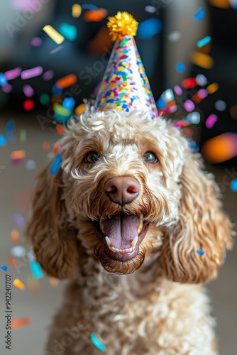 Happy dog celebrating a birthday with a party hat and colorful confetti in a ...
